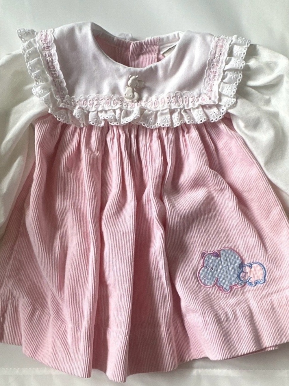 Peaches 'n Cream Girls 12M Pink Corduroy Hippo Dress Lace Trim Vintage 90s Y2K